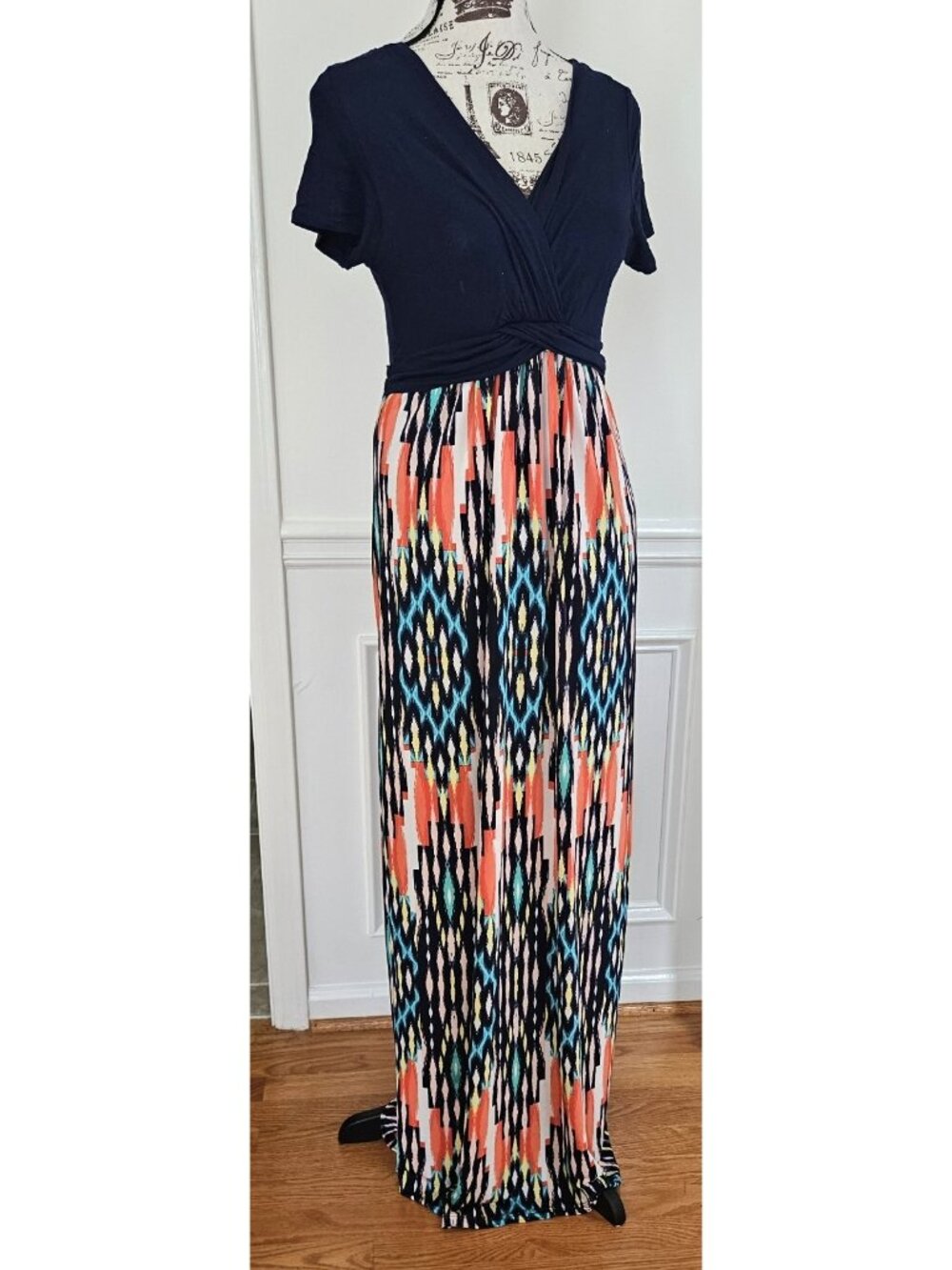Gilli XL Sina V-neck Navy Printed Wrap Bodice Maxi Dress